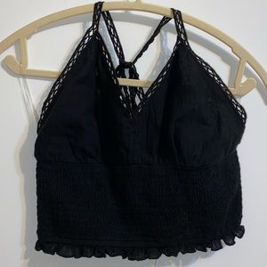 American Eagle Black Halter Crop Top Rouched